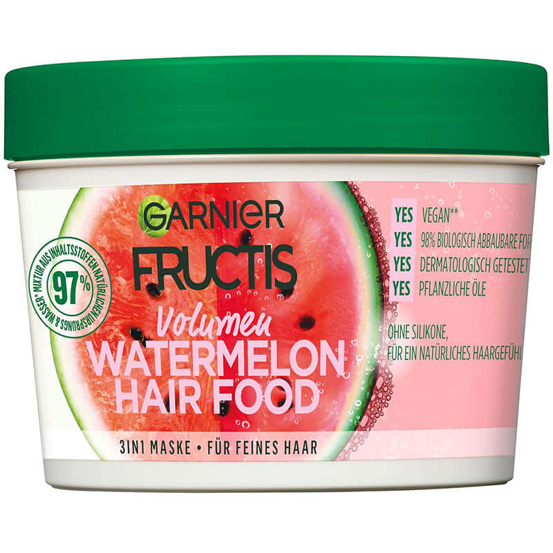 Garnier Hair Mask, Watermelon Hairfood, Moisturising 3-In-1 Mask, Gently Detangles Fine Hair And Gives Unrivalled Shine, Fructis,